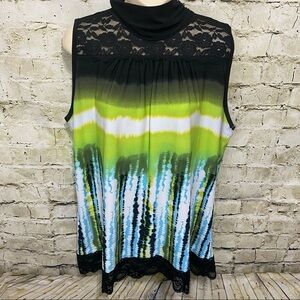 New Directions Black Green Tie Dye Lace Tank Top